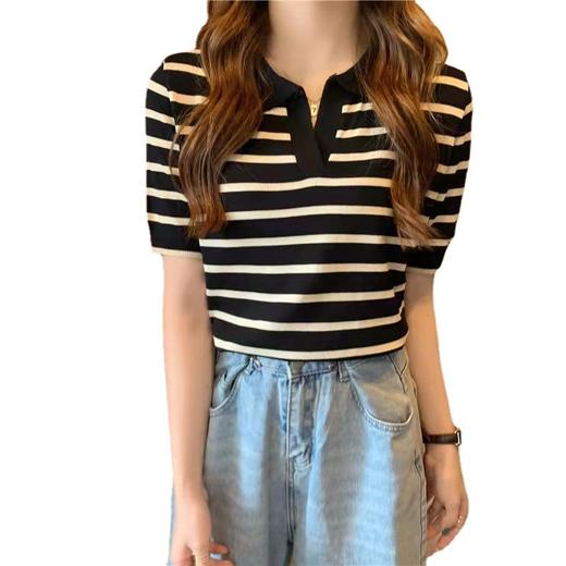 「三色可选」夏季韩版新款套头翻领条纹针织衫女气质修身短袖上衣女装潮 商品图4