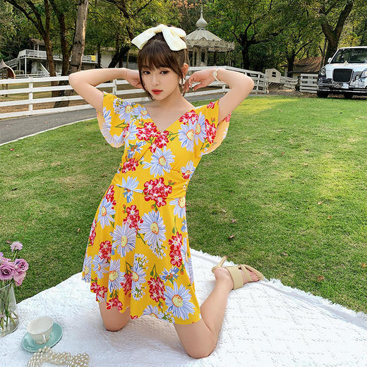 时尚大码连体裙式泳衣女聚拢遮肚显瘦印花保守休闲泡温泉度假泳装 商品图1