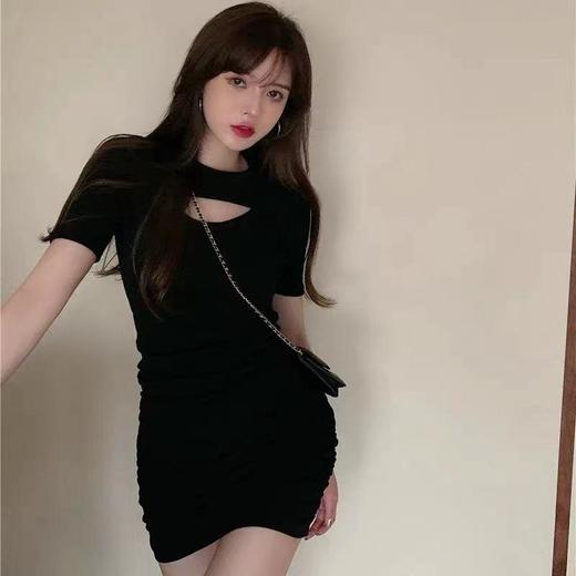 显胸女人味性感显身材抽绳遮肉连衣裙洋气圆领针织修身包臀短裙子女装服饰出游连衣裙 商品图0