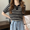 「三色可选」夏季韩版新款套头翻领条纹针织衫女气质修身短袖上衣女装潮 商品缩略图3