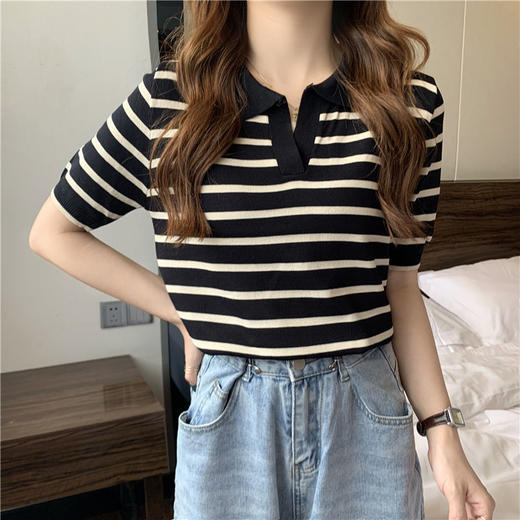 「三色可选」夏季韩版新款套头翻领条纹针织衫女气质修身短袖上衣女装潮 商品图3