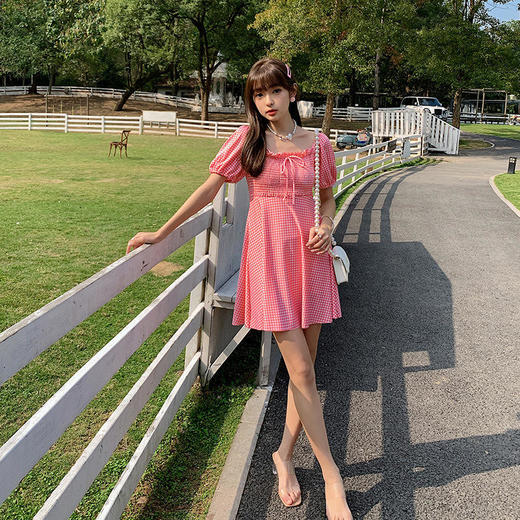 厂家直销泳衣女遮肚显瘦连体裙式保守小清新格子温泉度假泳装 商品图1