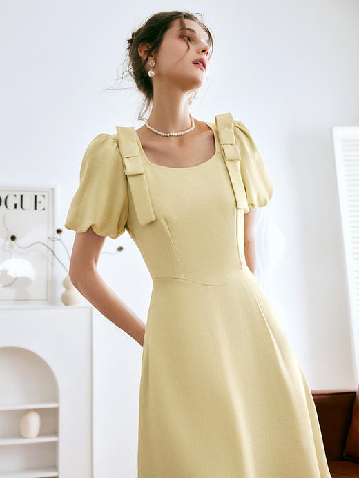 OLrain法式高级穿搭黄色短袖连衣裙女夏季2022新款气质方领显瘦裙 商品图3