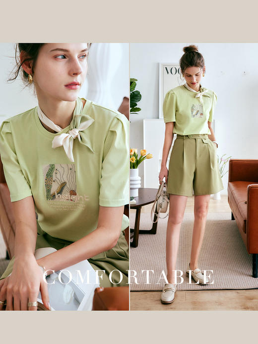 OLrain法式高级穿搭绿色短袖t恤女夏季2022年新款泡泡袖丝巾上衣 商品图1