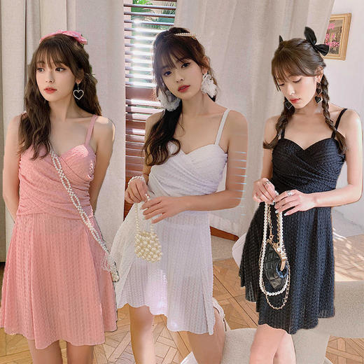 泳衣女两件套吊带钢托两件套新款纯色泳装保守显瘦性感时尚泡温泉 商品图1