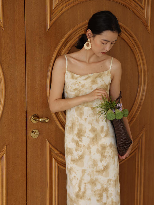 HeyDress法式荡领吊带连衣裙女夏季高腰气质晕染印花裙子 商品图0