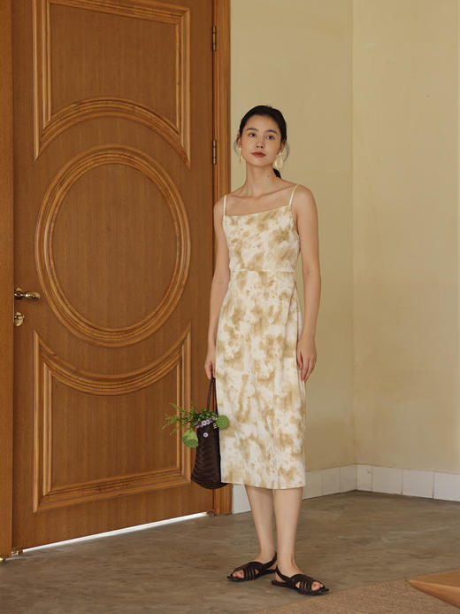 HeyDress法式荡领吊带连衣裙女夏季高腰气质晕染印花裙子 商品图1