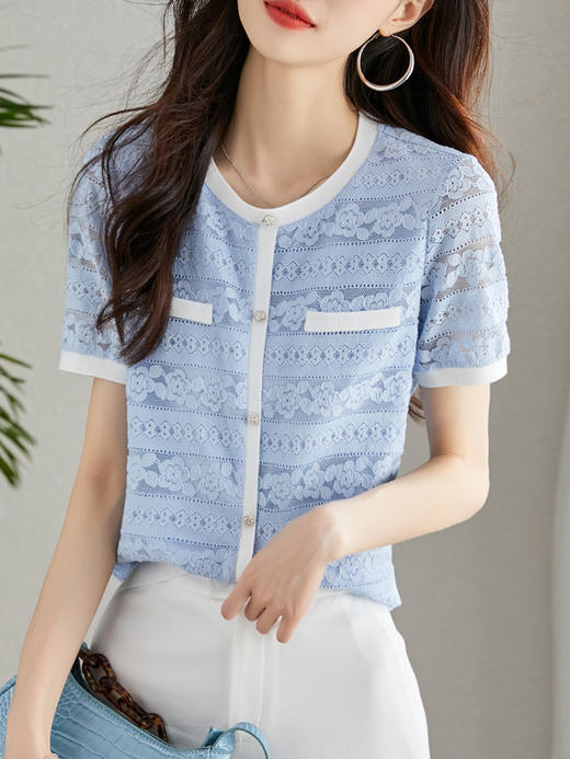 【59元福袋，不支持退换】高级蕾丝上衣女短袖夏季新款撞色圆领勾花镂空时尚小衫 商品图12