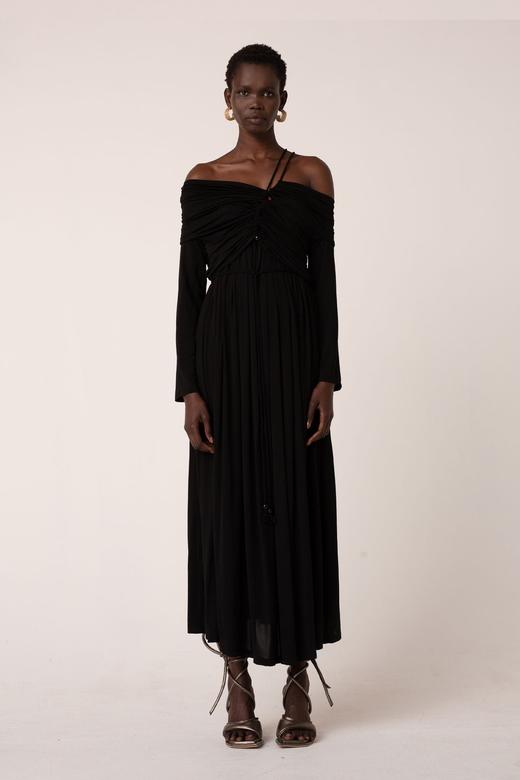 Palmer Harding  黑色露肩袖抽褶连衣裙 商品图0