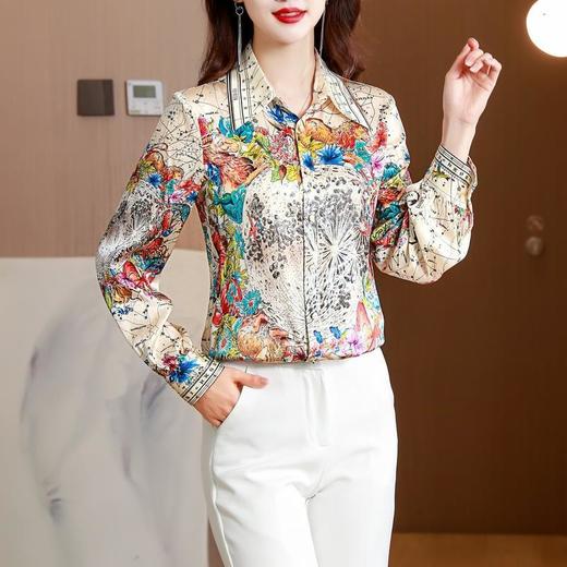 NYL61511新款时尚洋气宽松减龄翻领系带垂感印花衬衫 商品图2