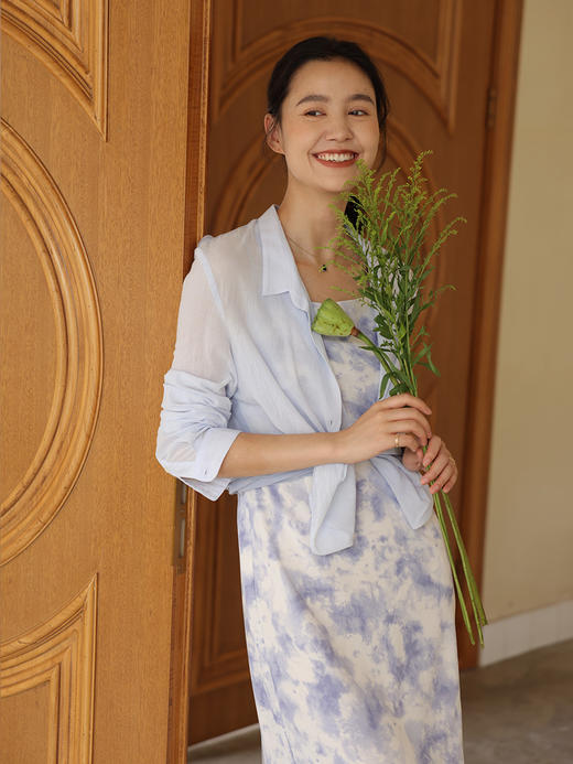 HeyDress法式荡领吊带连衣裙女夏季高腰气质晕染印花裙子 商品图4