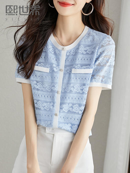 【59元福袋，不支持退换】高级蕾丝上衣女短袖夏季新款撞色圆领勾花镂空时尚小衫 商品图11
