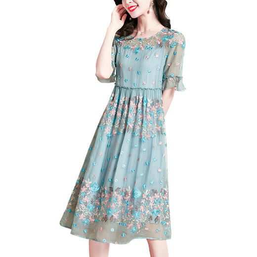 SM-年轻妈妈夏装真丝连衣裙时尚洋气中年桑蚕丝绣花裙子 商品图4