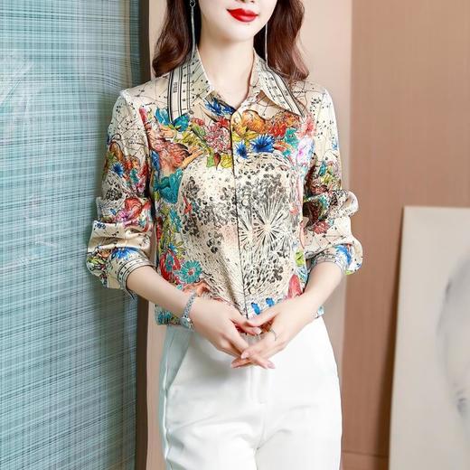 NYL61511新款时尚洋气宽松减龄翻领系带垂感印花衬衫 商品图1