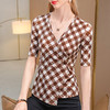 交叉v领网纱半袖体恤，不规则下摆格子上衣SG-T2Q2768 商品缩略图0