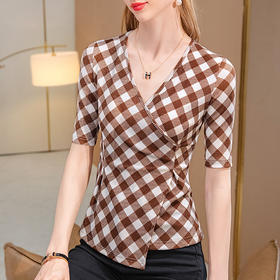 交叉v领网纱半袖体恤，不规则下摆格子上衣SG-T2Q2768