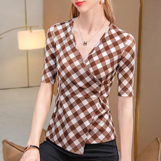 交叉v领网纱半袖体恤，不规则下摆格子上衣SG-T2Q2768 商品图0
