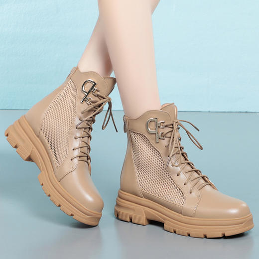 KQ LS2923  2022春夏新款女单皮鞋中跟粗跟英伦蕾丝网靴 商品图2