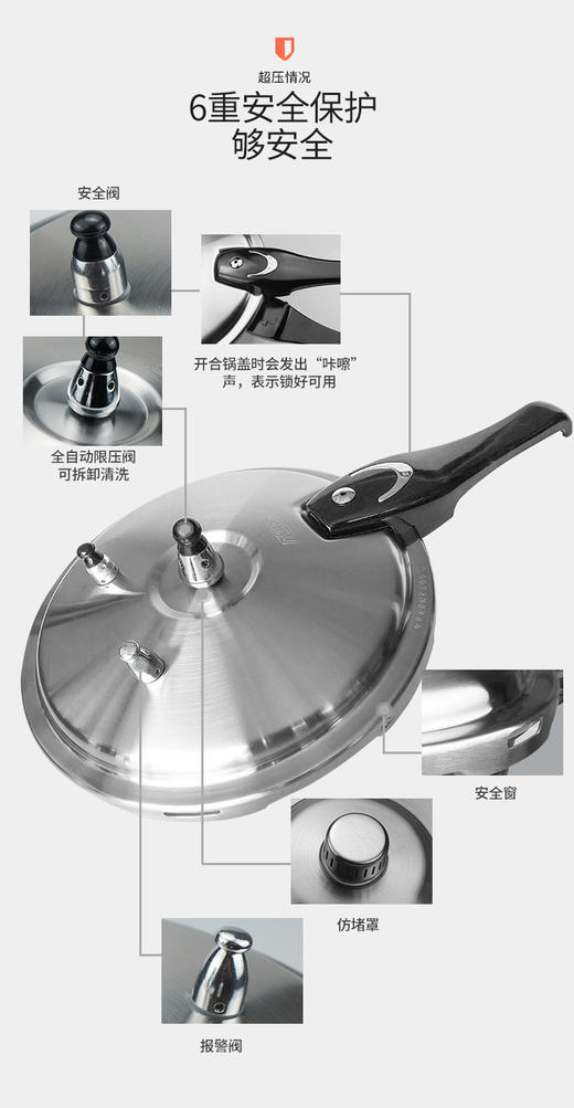 爱仕达304不锈钢高压锅  汤锅  家用6保险 燃气电磁炉通用YC1824 商品图2