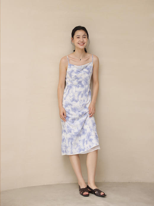 HeyDress法式荡领吊带连衣裙女夏季高腰气质晕染印花裙子 商品图3
