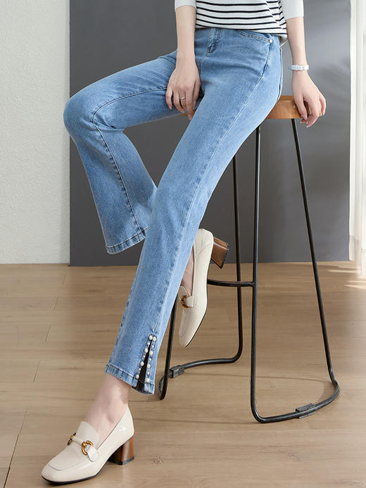 【129选3件，不退换】熙世界钉珠开叉牛仔裤女2025年新款春秋显瘦小个子九分微喇叭裤子 商品图2