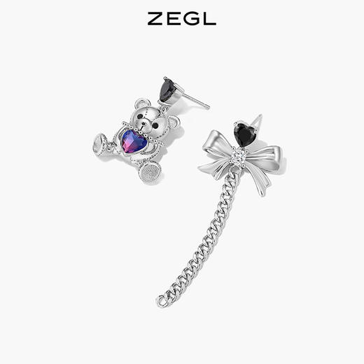ZEGL设计师幻梦小熊系列蝴蝶结流苏耳环女长款耳钉银针不对称耳饰 商品图2