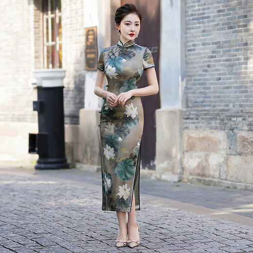 改良修身，桑蚕丝短袖旗袍连衣裙WXG-037 商品图3