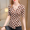 交叉v领网纱半袖体恤，不规则下摆格子上衣SG-T2Q2768 商品缩略图3