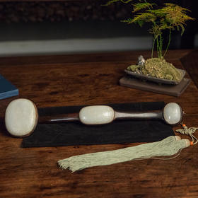 清中期 紫檀三镶白玉花卉纹如意