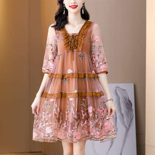 AHM blx9286欧根纱重工刺绣连衣裙大码宽松遮肚显瘦裙 商品图1