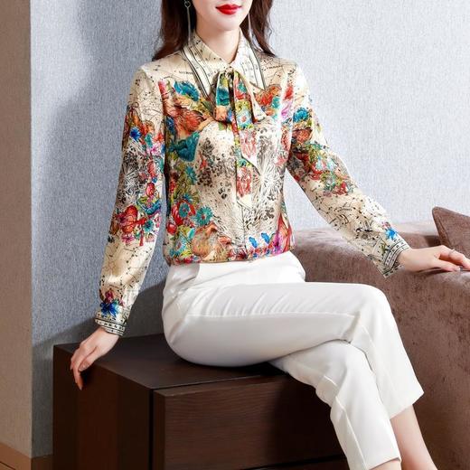 NYL61511新款时尚洋气宽松减龄翻领系带垂感印花衬衫 商品图0