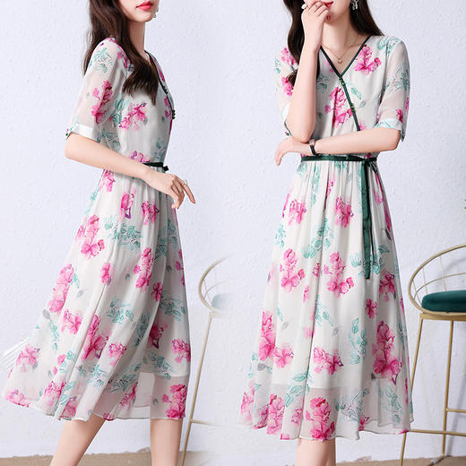 气质印花修身时尚，2022新款夏季短袖碎花改良旗袍别致连衣裙 HRYZ7828 商品图1