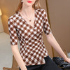 交叉v领网纱半袖体恤，不规则下摆格子上衣SG-T2Q2768 商品缩略图4