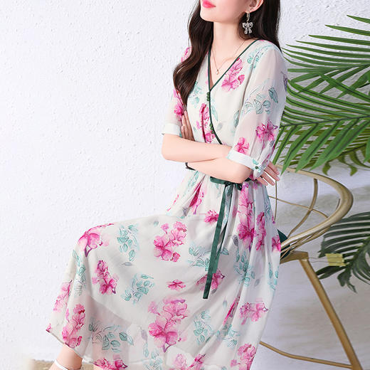 气质印花修身时尚，2022新款夏季短袖碎花改良旗袍别致连衣裙 HRYZ7828 商品图0