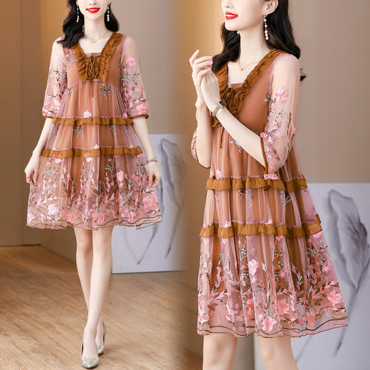 AHM blx9286欧根纱重工刺绣连衣裙大码宽松遮肚显瘦裙 商品图0