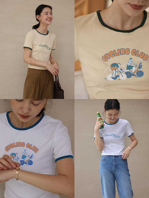 HeyDress卡通短袖T恤女夏季圆领撞色设计百搭正肩短款别致上衣 商品图1