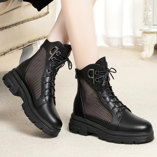 KQ LS2923  2022春夏新款女单皮鞋中跟粗跟英伦蕾丝网靴 商品图0