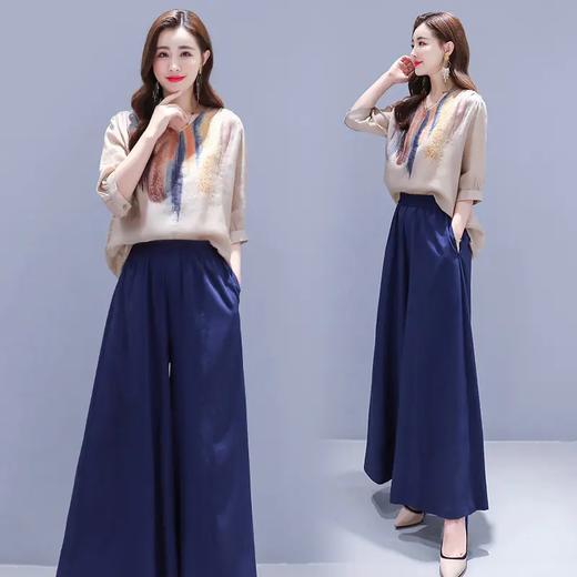 WZ20193夏装新款时尚简约宽松印花棉麻上衣阔腿裤复古套装 商品图0