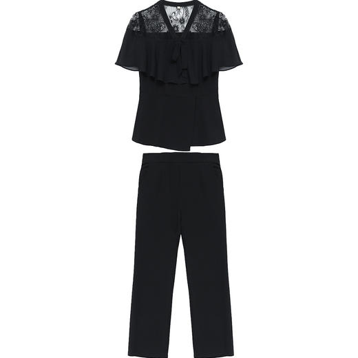 WEYJY22QD050  时尚法式高档两件套装女2022夏新款修身短袖气质优雅蕾丝衫长裤子 商品图5