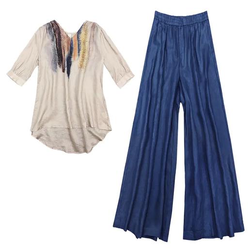 WZ20193夏装新款时尚简约宽松印花棉麻上衣阔腿裤复古套装 商品图6