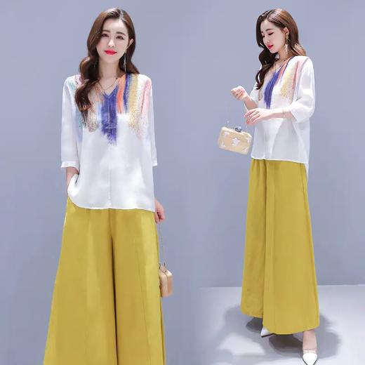 WZ20193夏装新款时尚简约宽松印花棉麻上衣阔腿裤复古套装 商品图4