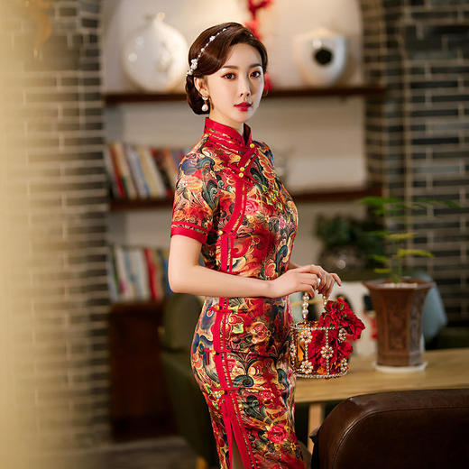 优雅修身，高开衩双层旗袍裙中国风婚礼敬酒服旗袍CX-0649 商品图1