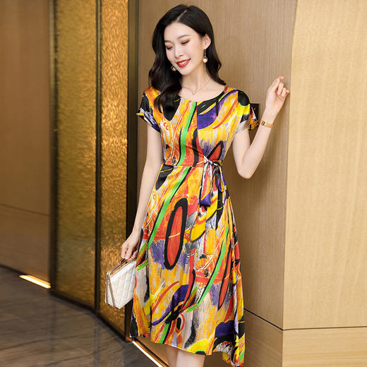 新款夏季，气质显瘦轻熟风时尚印花重磅真丝连衣裙KQN-97999 商品图0