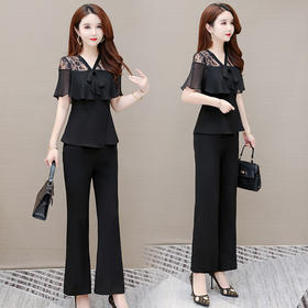 WEYJY22QD050  时尚法式高档两件套装女2022夏新款修身短袖气质优雅蕾丝衫长裤子