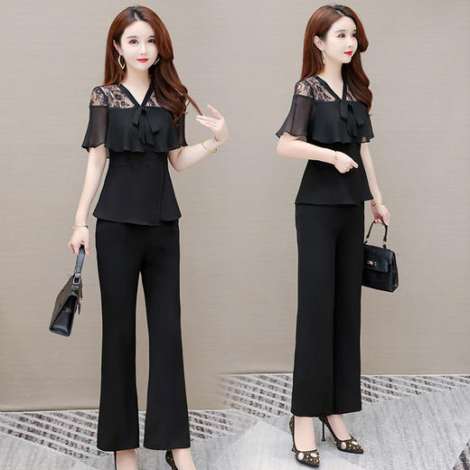 WEYJY22QD050  时尚法式高档两件套装女2022夏新款修身短袖气质优雅蕾丝衫长裤子 商品图0