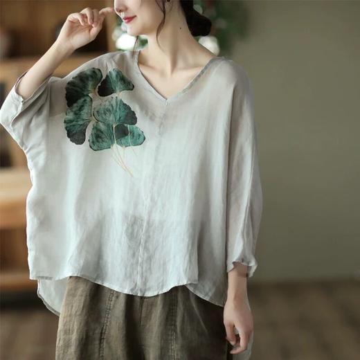 GYH 3578水墨花上衣蝙蝠袖斜摆薄款T恤 商品图3