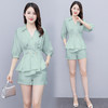 2022夏季新款名媛气质V领收腰灯笼袖短裤两件套套装 DL8911 商品缩略图0