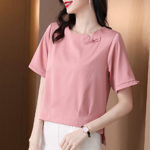 MZ803453  真丝盘扣衬衫夏清仓高档小衫女士大码宽松短袖T恤桑蚕丝打底上衣 商品图0