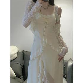 （清仓现货）【社群供A】修身法式吊带连衣裙荷叶边开衩仙女长裙涤纶2