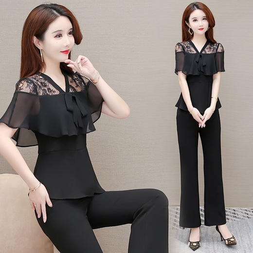 WEYJY22QD050  时尚法式高档两件套装女2022夏新款修身短袖气质优雅蕾丝衫长裤子 商品图2